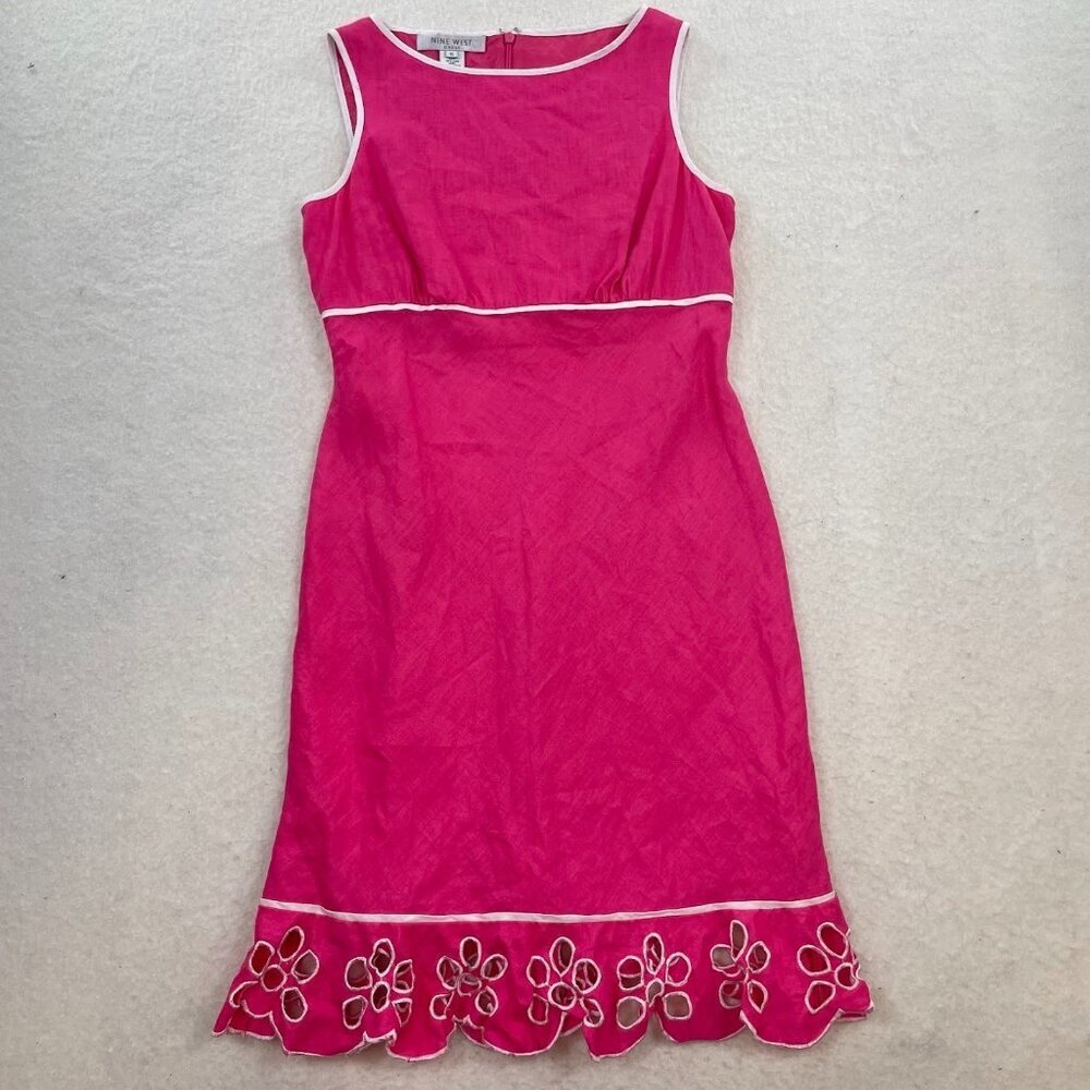 Nine West Women's Pink Linen Sleeveless Sheath Dress Floral Hem Size 10